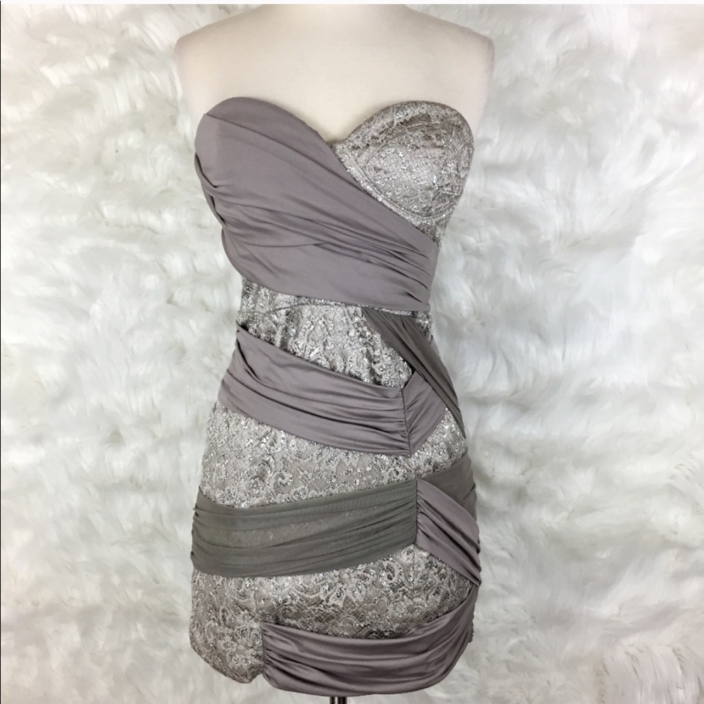 BEBE Strapless Silver Lace Bodycon Cocktail Dress